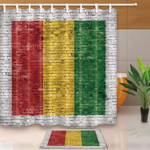 ARTJIA Reggae Flag Painted on White Brick Wall Shower Curtain 66x72 inches with Floor Doormat Bath Rugs 15.7x23.6 inches