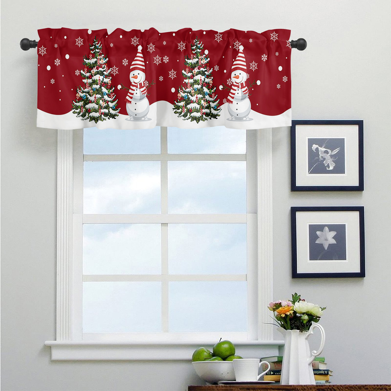 Christmas Rod Pocket Curtain Valance,Christmas Cute Snowman and ...