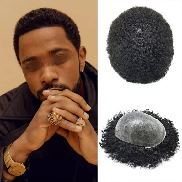 Healthlif Afro Toupee For Black Men African American Human Hair System Injected PU Black Men Toupee 100% Human Hair Afro Mens Hairpieces Afro Curly Hair Unit For Men (6mm Afro wave, 1