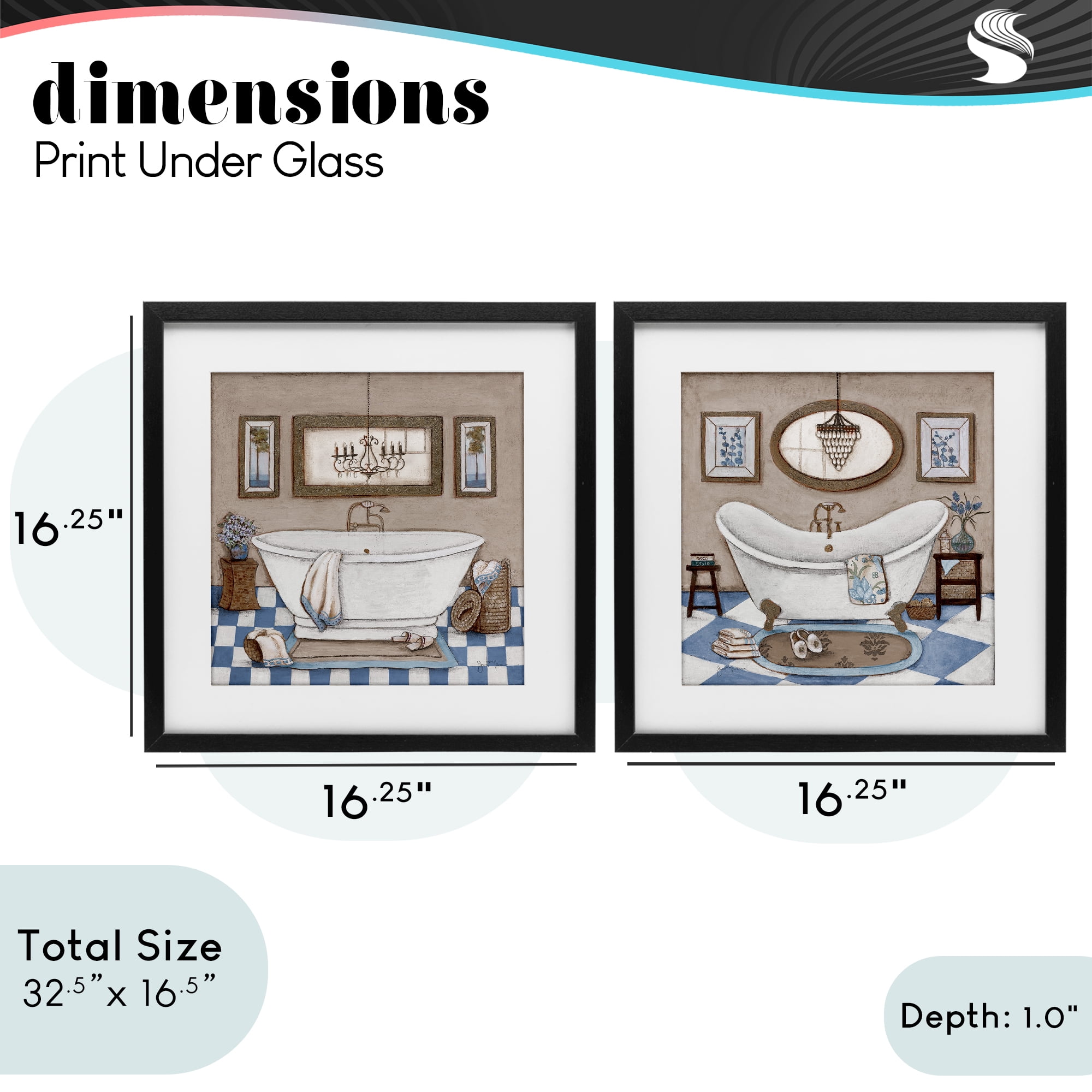 Stupell Industries Tiled Bathroom Views 2 Piece Black Framed Print Under Glass Set, design by Janet Tava
