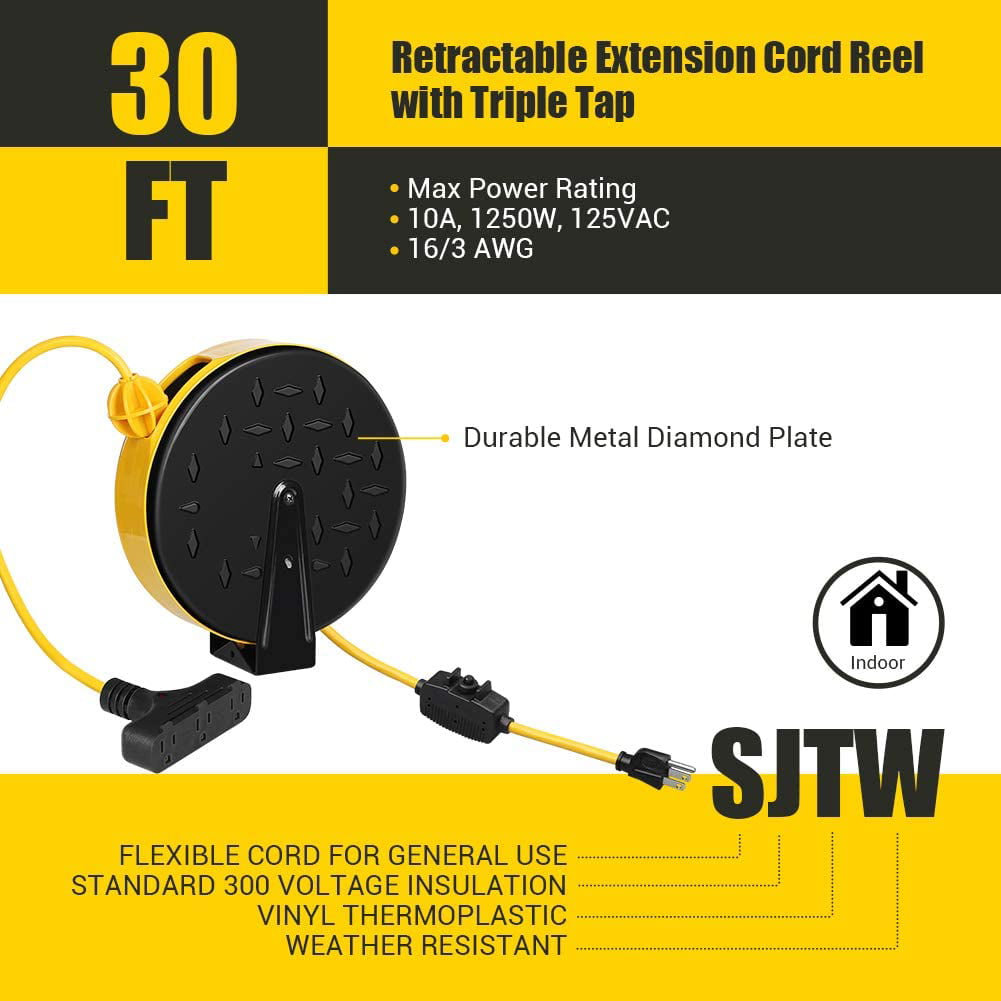 SURAIELEC 30 FT Retractable Extension Cord, 16AWG/3C SJTW Power Cord Reel,  3 Electrical Outlets Triple Tap, 10 AMP Circuit Breaker, Ceiling  Hanging/Wall Mount for Workshop, Garage, ETL Listed 