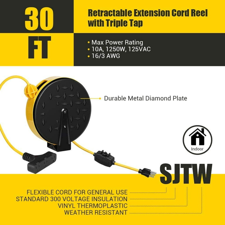 Lwliuang 30 ft Retractable Extension Cord Reel, Ceiling/Wall Mount 16/3 Gauge SJTW Power Cord with 3 Electrical Outlets Pigtail for Garage and Shop