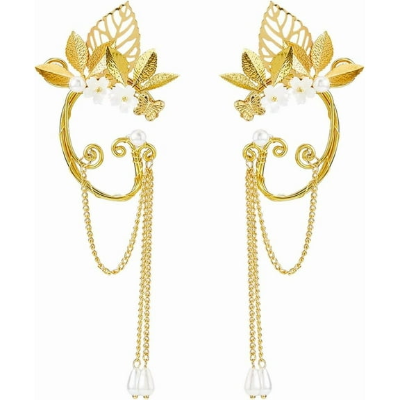 2pcs Alloy Leaf Cuff Earrings Golden Elf Ear Cuffs Fairy Leaf Elf Earrings with Tassel Pearl Dangles for DIY Women Fantasy Cosplay Wedding Costume Gifts Accessories