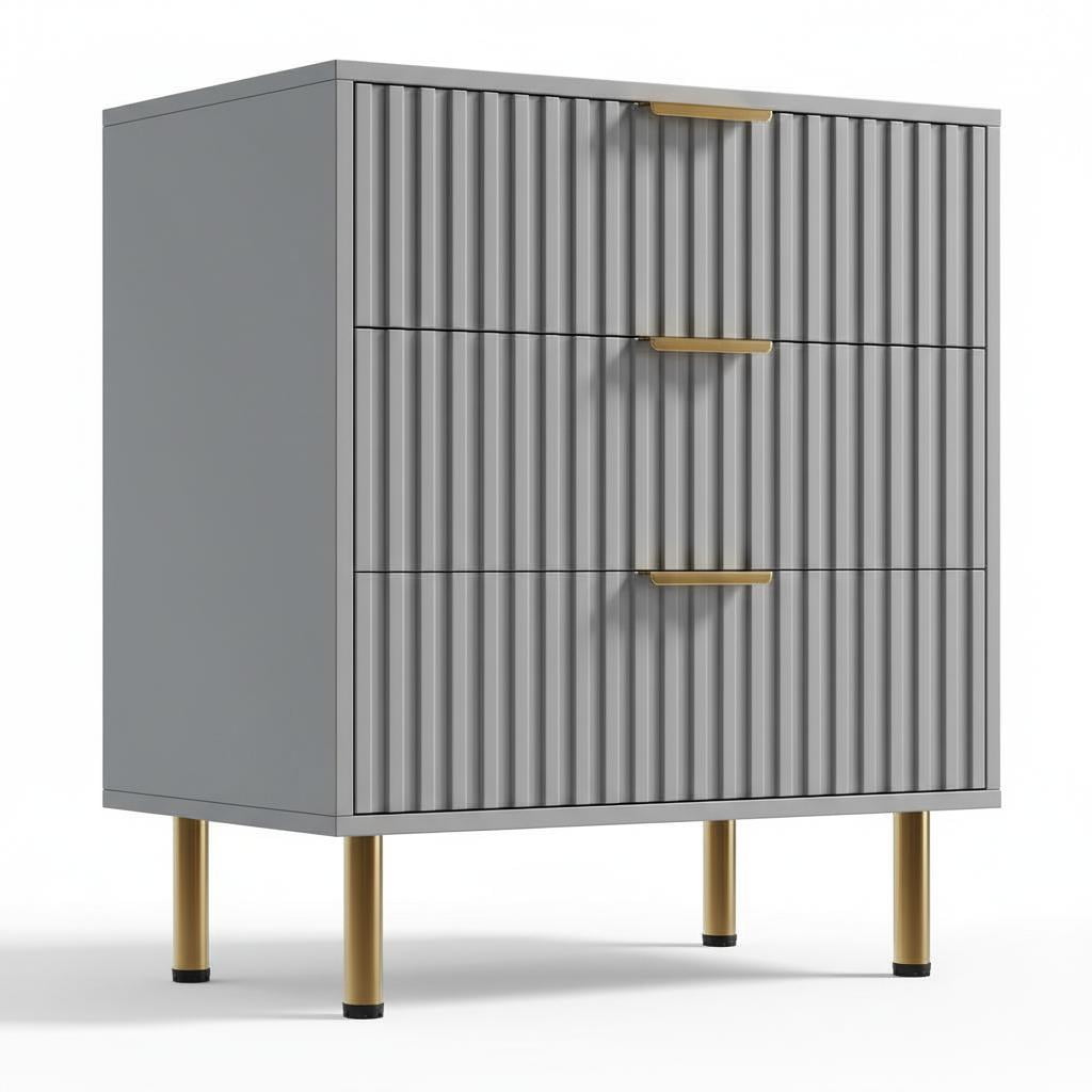 ExpanseEcho Modern Fluted 3 Drawer Dresser – Wide Wooden Chest with Deep Large Drawers – Versatile Storage Cabinet for Bedroom Living Room Hallway Nursery Kids Room – Sturdy Gold Legs – Color: