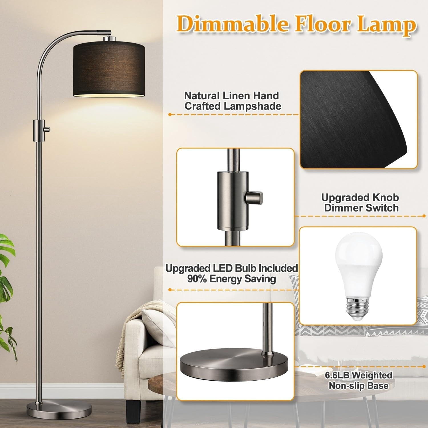 Dimmable Tall Standing Floor Lamp with Black Shade, 1200 Lumens LED Bulb Included, for Living & Reading Room, Bedroom, Office, Brushed Nickel
