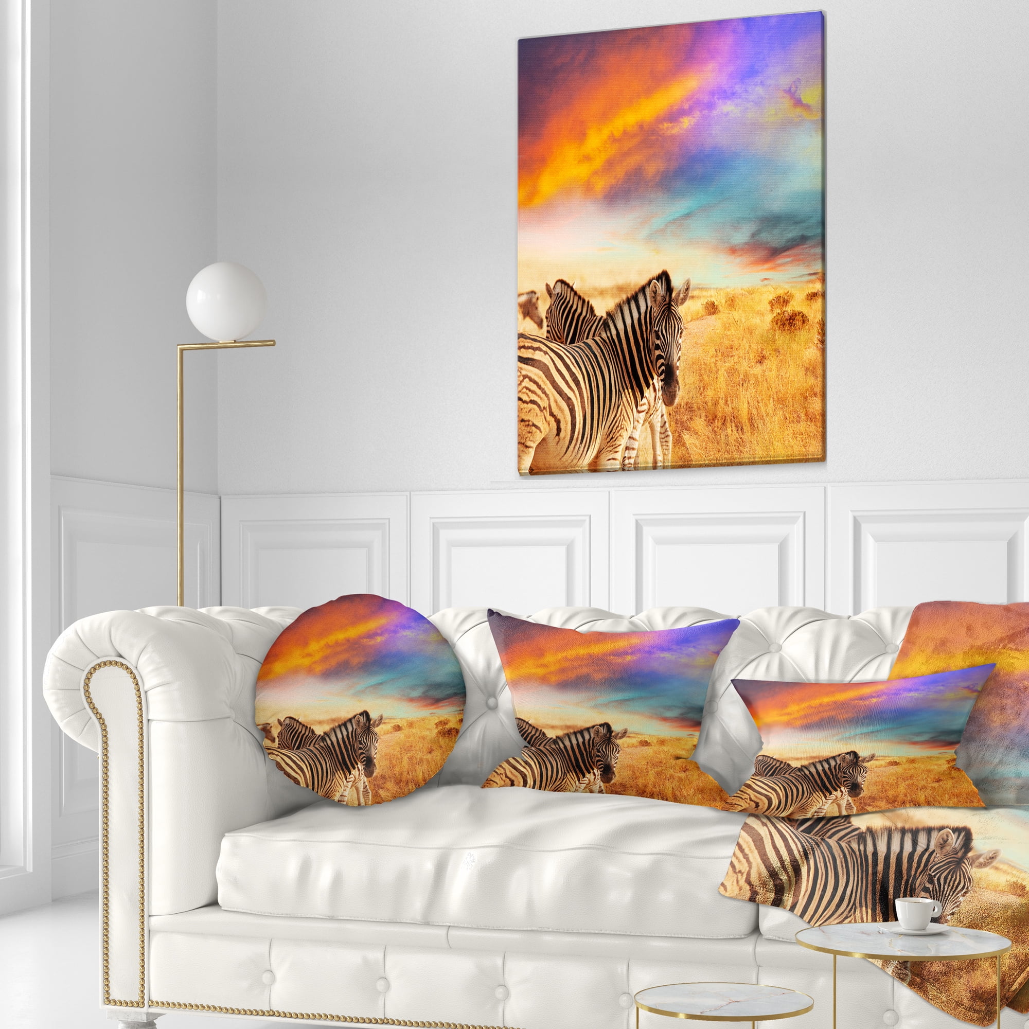 Designart Zebras in Bush under Colorful Sky - African Throw Pillow - 12x20