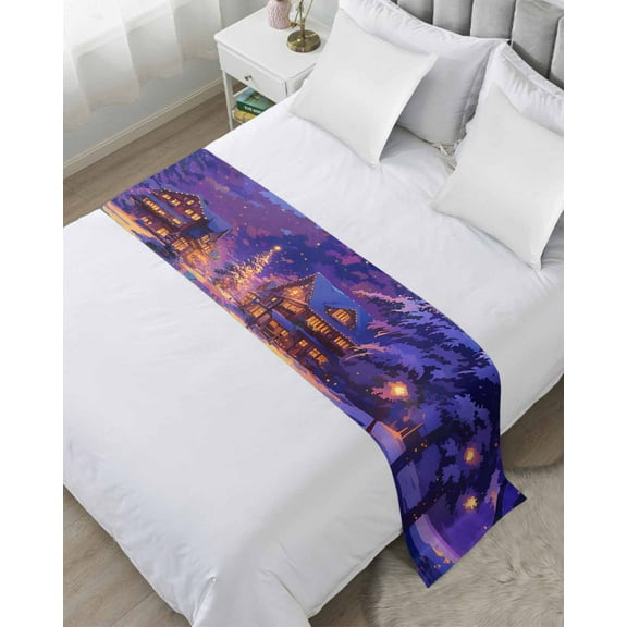 Blue Purple Christmas Bed Runner for Full/ Queen Size Bed, Xmas Night Scene Snowflake Tree Bedspread Protector Slipcover Bed Scarf for Foot Bed Runners & Scarves for Bedroom Hotel 83x20 Inches