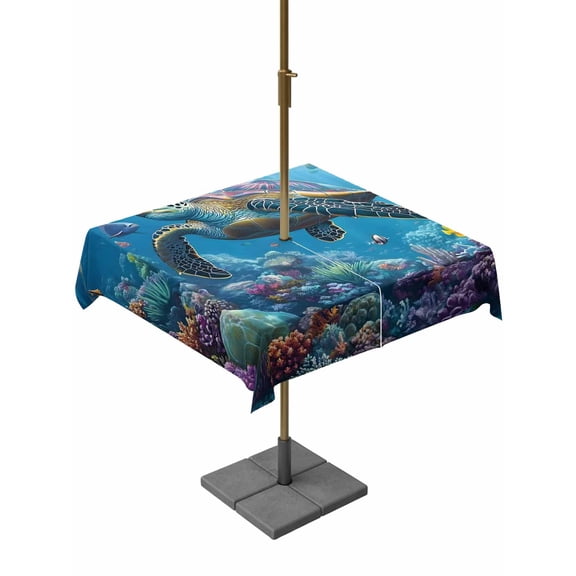 Outdoor Tablecloth with Umbrella Hole, Underwater Sea Turtle Coral Fish Zippered Table Cloth for Rectangle Tables, Summer Ocean Water Washable Waterproof Tablecloths for Picnic Patio Garden