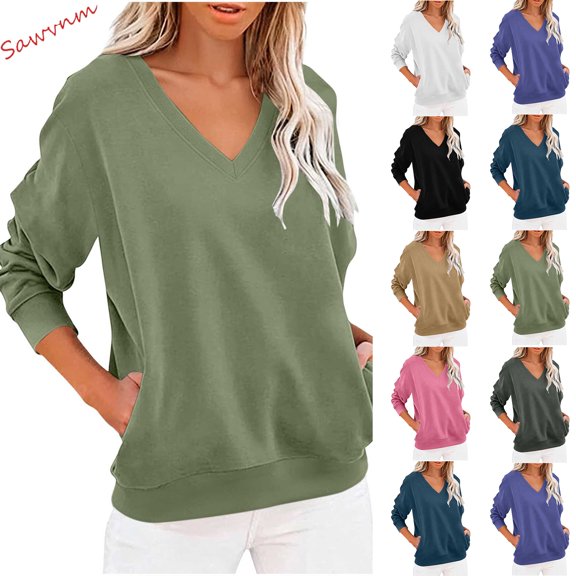 Womens Sweatshirt Sawvnm Women's Fashionable Casual Long-sleeved Pocket V-neck Capless Sweater Top Army Green XL
