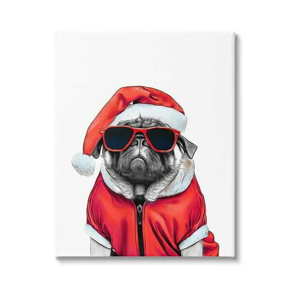Stupell Industries Funny Pug Santa Hat Holiday Painting Gallery Wrapped Canvas Art Print Wall Art, 16 x 20