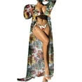 thumbnail image 5 of 1 Set Sexy Women Bikini Set with Cover Up Leaf Print Halter Bra Lace-up High Waist Briefs Sunscreen Long Sleeve Cardigan Set Swimwear, 5 of 7