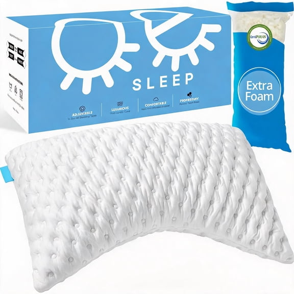 Curved Memory Foam Bed Pillow for Side and Back Sleepers with Washable Cover Queen Size White