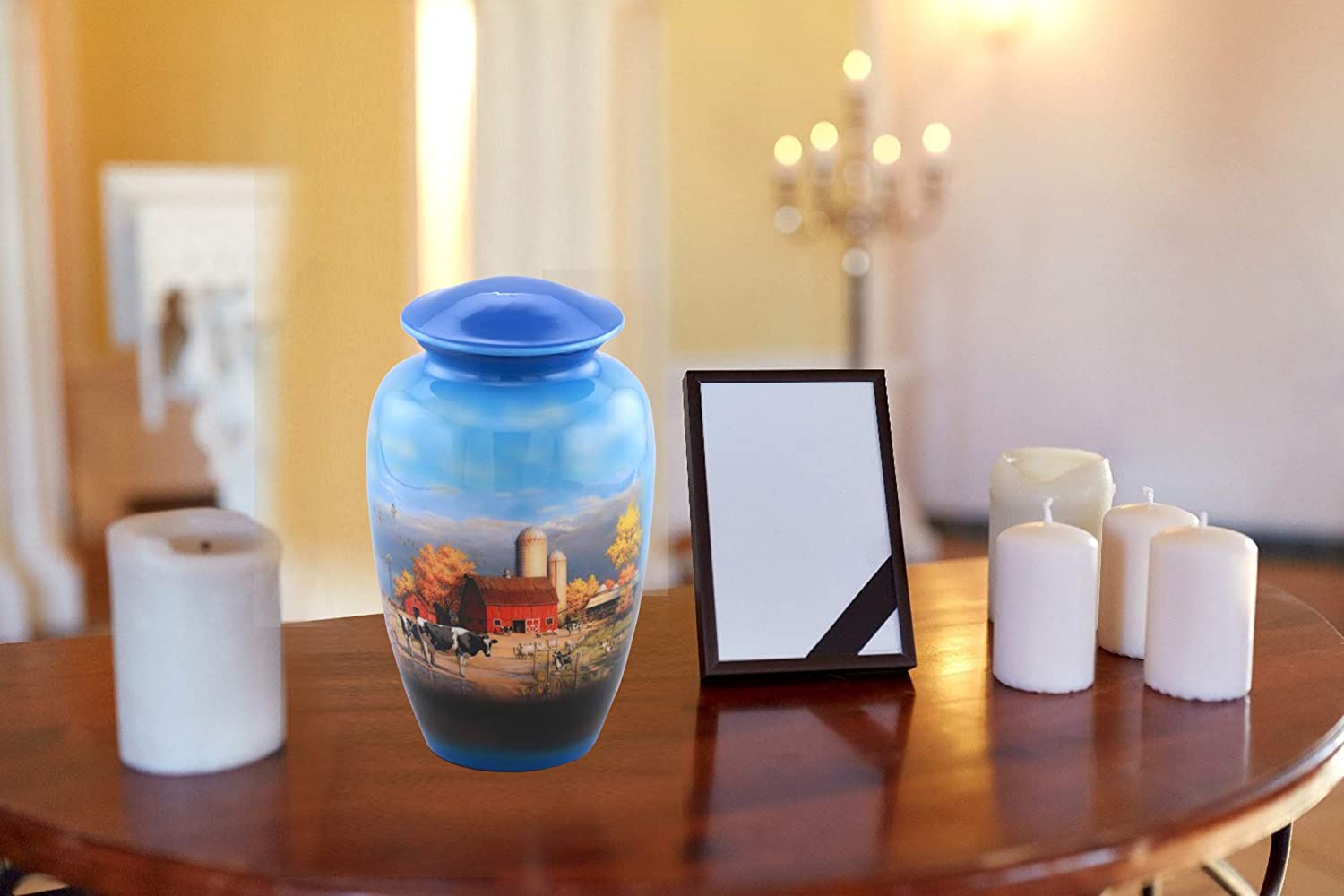Aesthetic Painted Cremation Urn - Affordable Metal Urn - Hand Painted Solid Metal Urn for Ashes, Adult Cremation Urn with Free Velvet Bag (Farm)