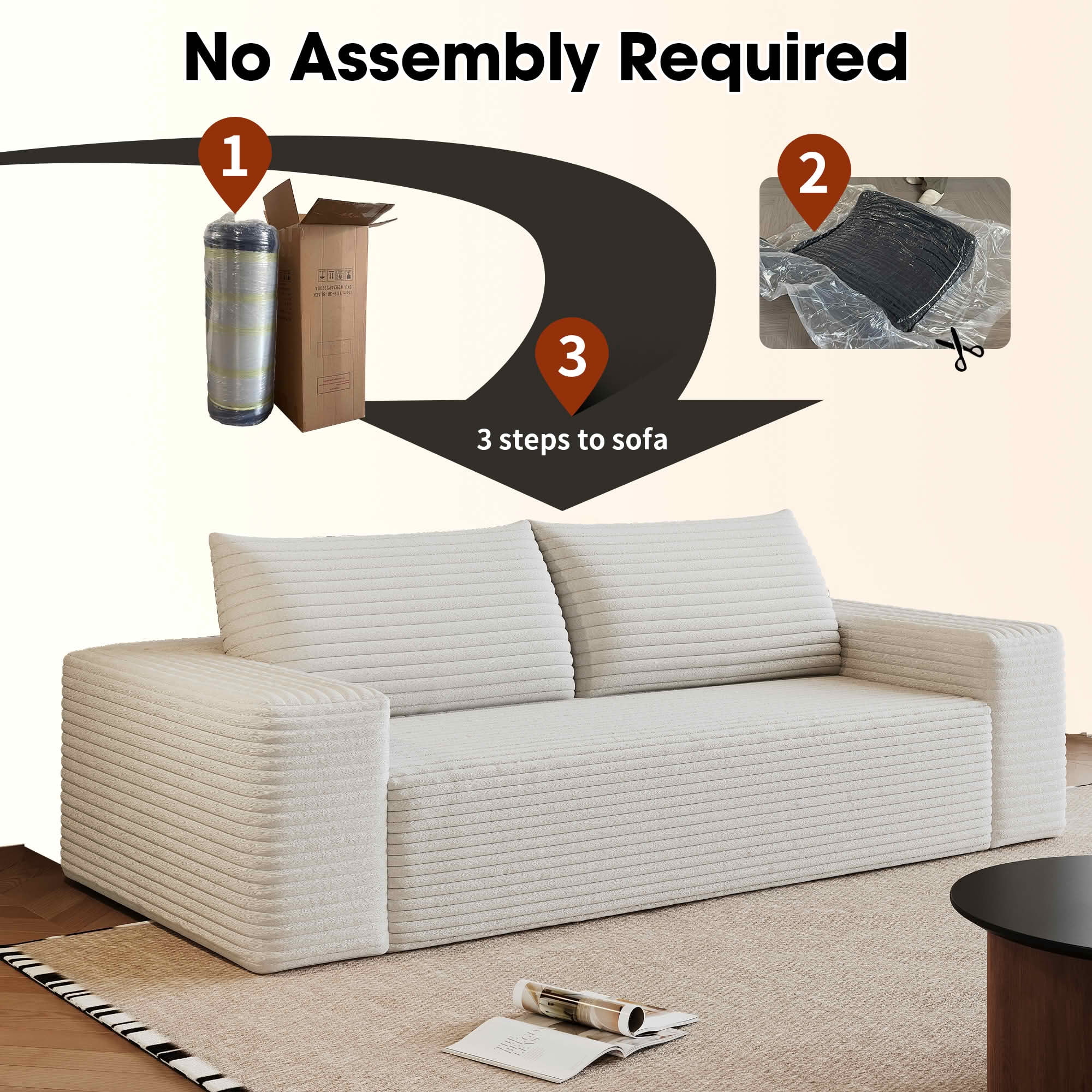 MAYEERTY 63" 2-Seater Corduroy Sofa, Deep Seat Comfy Loveseat, No Assembly, for Living Room Bedroom Conference Room, White