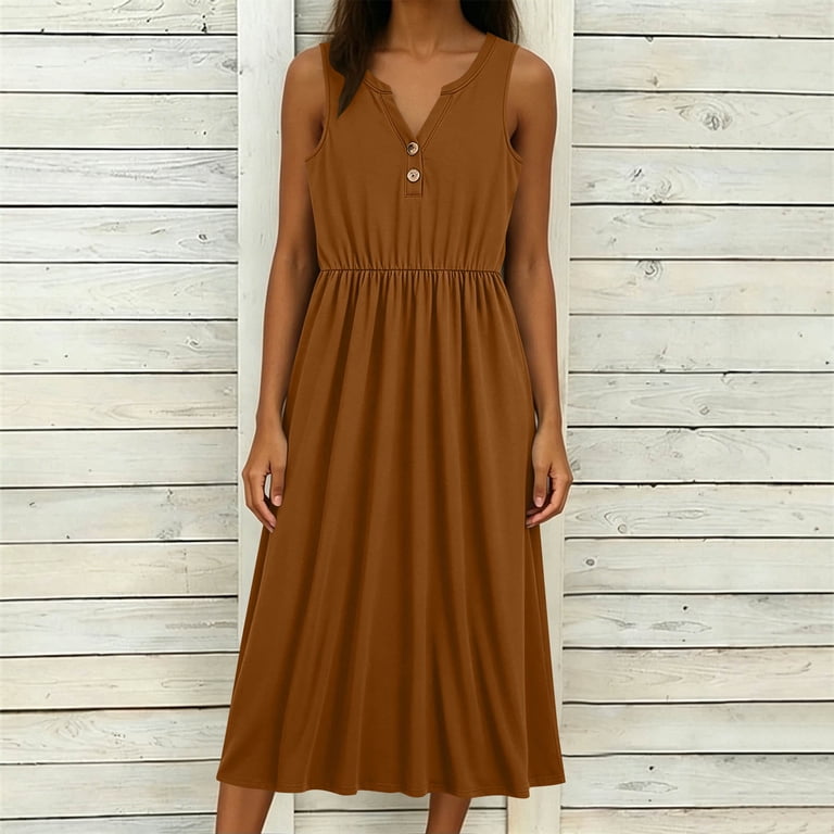 flowy mid thigh dress VBVC Women's Sleeveless Henley Neck Midi Dress,Ladies Elastic Waist A-Line Tank Dress,Lightweight Summer Swing Sundress For Women,Brown,S-2XL back to school