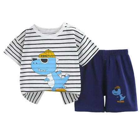 Nwiuh Boys Shorts Set Summer Outfits for Kids Short Sleeve T Shirts Toddler Print Cotton Clothing Set Black for Size 3-9 Months