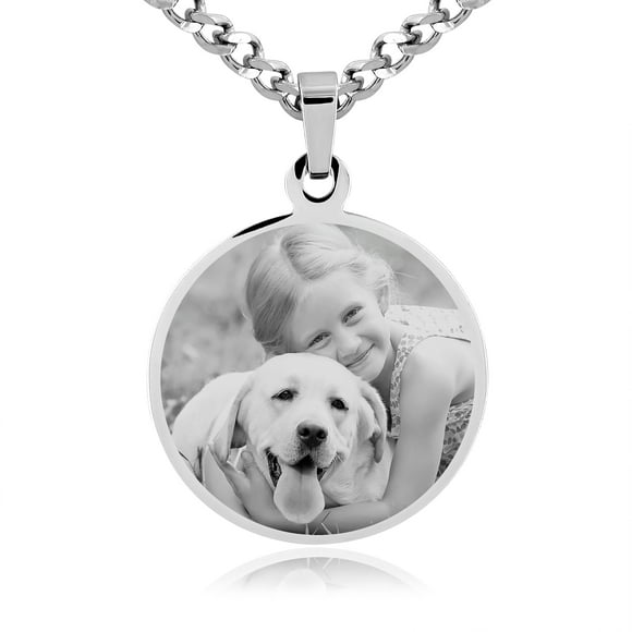 Photos Engraved - Custom Photo Engraved Large Circle Pendant in Stainless Steel - Free reverse side engraving - 18 in chain included - W-LCST