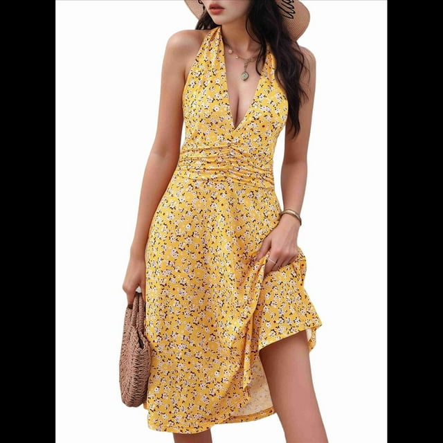 Robe d'Été Sans Manches Portefeuille à Col en V à Fleurs pour Femme Mini Robe Jaune P