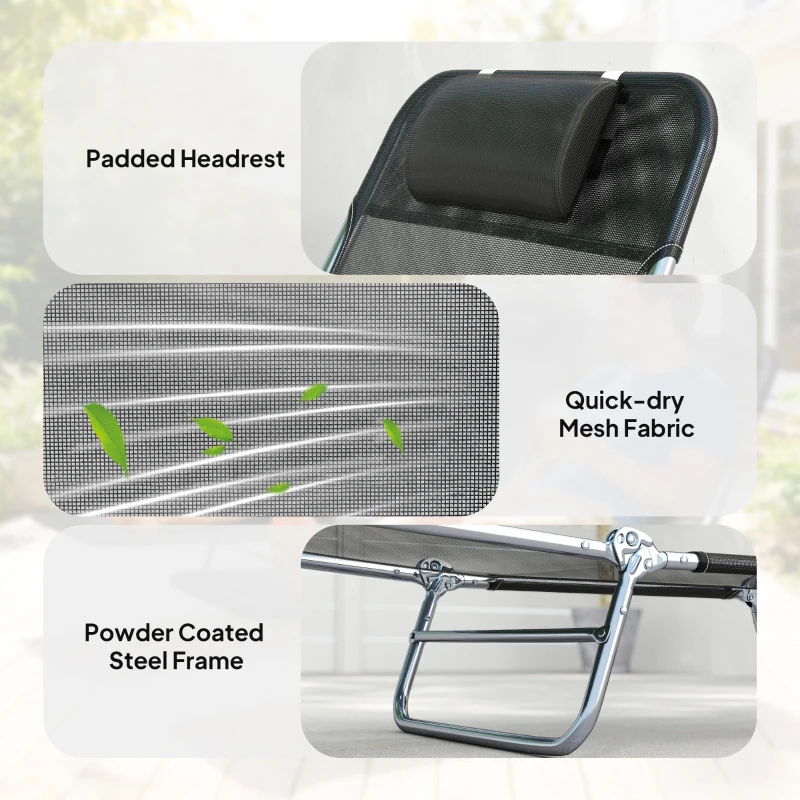 Handy Folding Chaise Lounge Chairs 2 Piece Set 5 Position Adjustable Backrest Breathable Mesh Fabric Head Pillow Portable Outdoor Pool Beach Sun Loungers