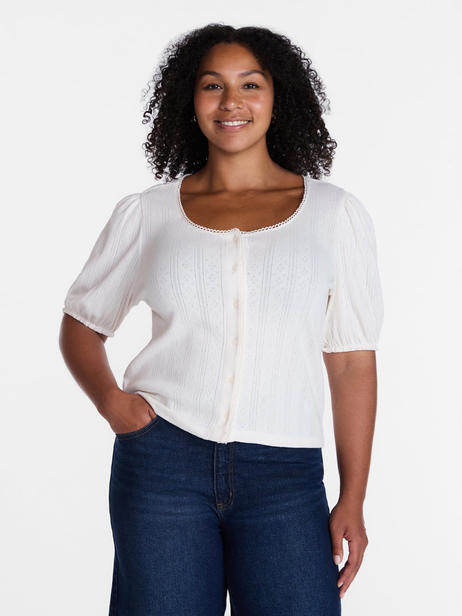 Time and Tru Women's Pointelle Top with Short Sleeves, Sizes XS-XXXL