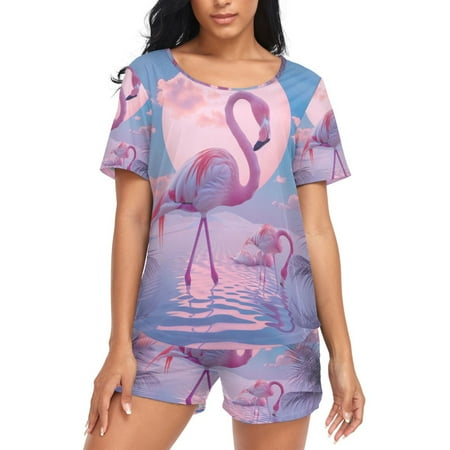 joogoo Women s Pajama Set Flamingo with Moon Short Sleepwear Loungewear with Pockets XXL