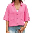 thumbnail image 4 of Short Sleeved Summer Women Solid V Neck Button Down Casual Blosue with Pocket, 4 of 6