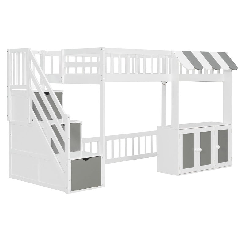 Twin Size Playhouse Kids Loft Bed with Eaves Design, Wood Child Bed Frame with Storage Staircase, LED Light & Under Bed Cabinets