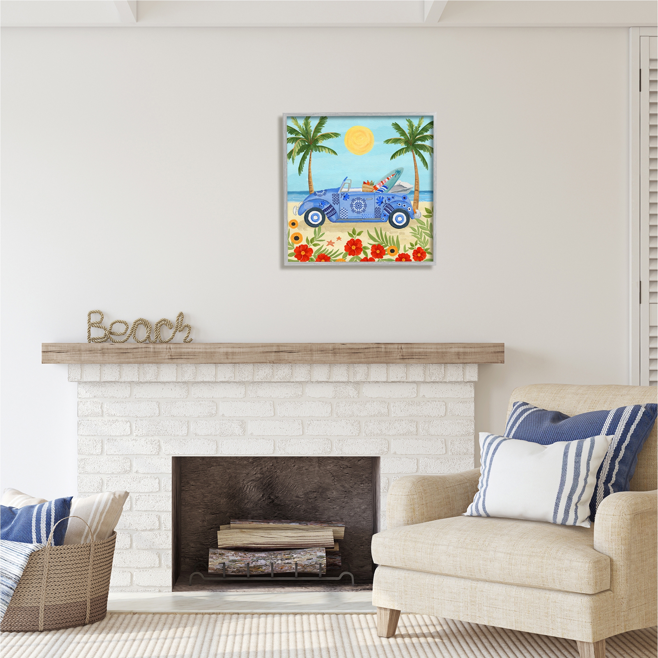 Stupell Industries Floral Car on Beach Transportation Painting Gray Framed Art Print Wall Art, 24 x 24