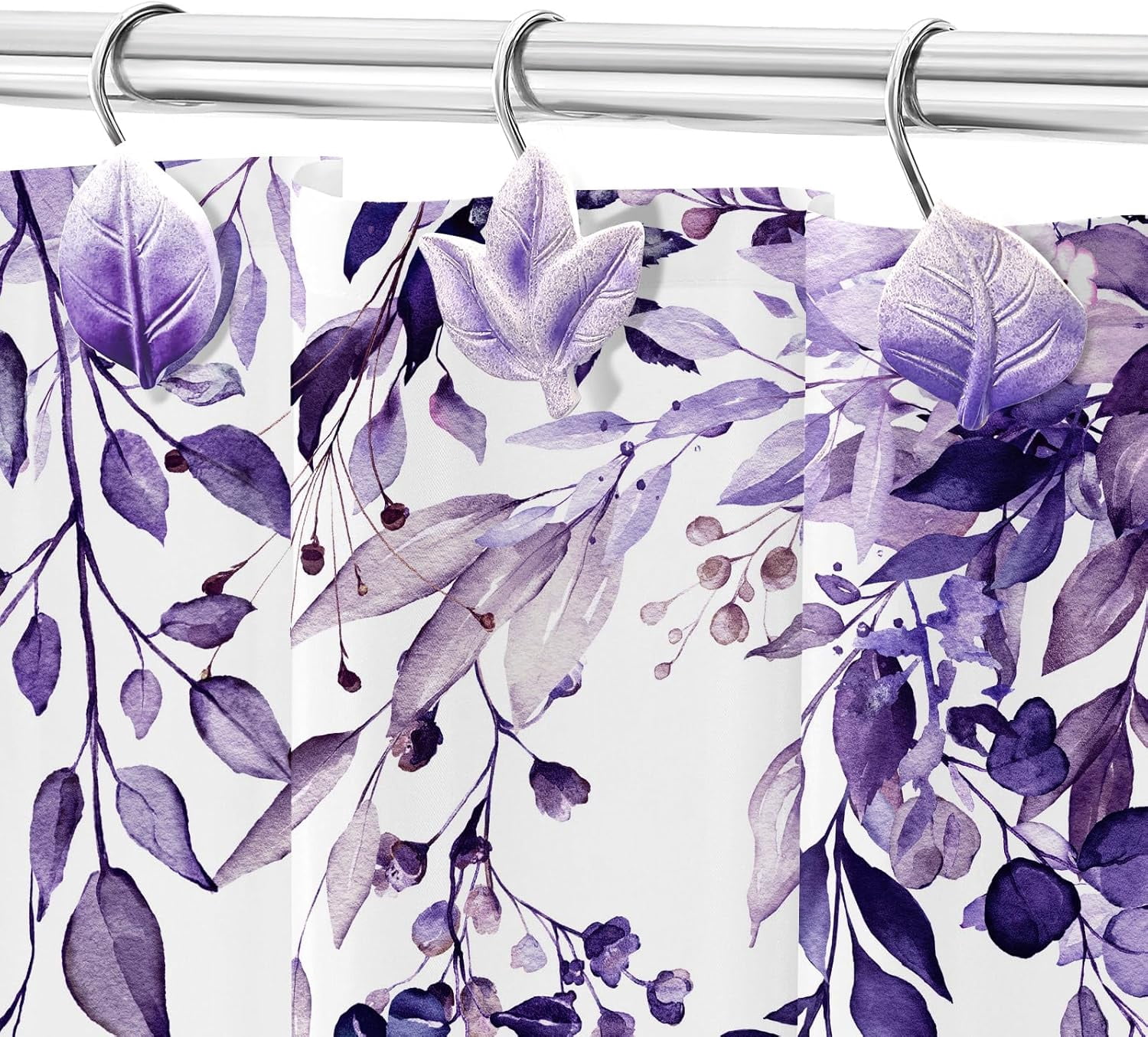 12PCS Leaves Shower Curtain Hooks, Purple Plant Leaf Decorative Shower Curtain Hooks Metal Rustproof Cute Eucalyptus Shower Curtain Rings Bathroom Decoration Accessories