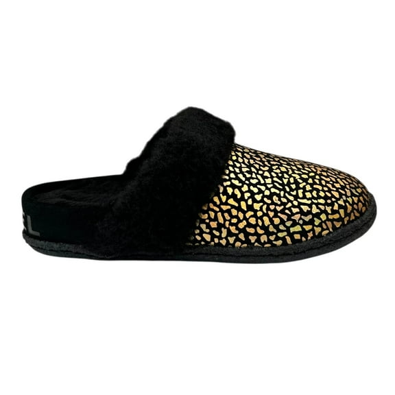 SOREL Nakiska Youth Girls Faux Fur Slippers Size 3 Black Gold Animal Print