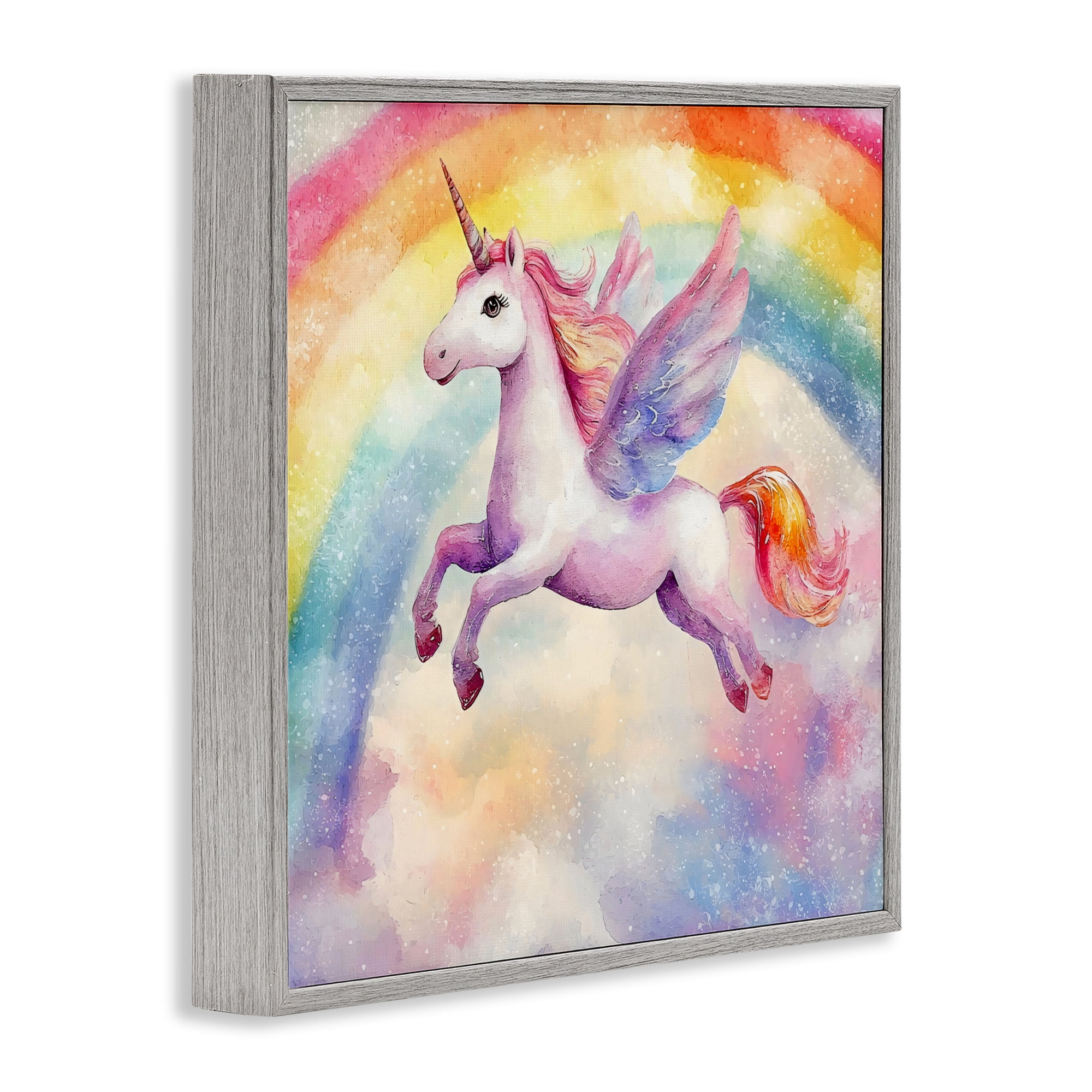 Stupell Industries Flying Unicorn In Rainbow Sky Gray Framed Giclee Art, design by Creative Studio