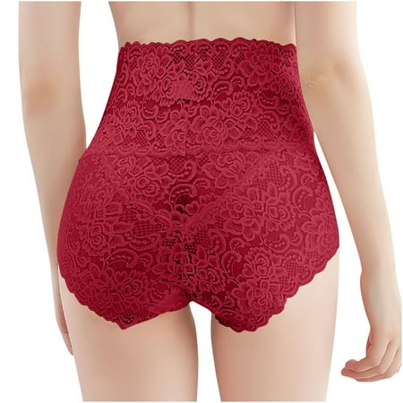 Wdfiry Women s Plus Size Panties Sexy Solid Floral Pattern Lace Underwear High Waist Tummy Control Brief