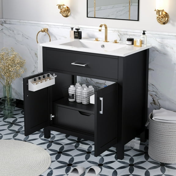 Vyrona Modern Bathroom Vanity with Ceramic Sink, Shelves, Drawers, Wood, Black