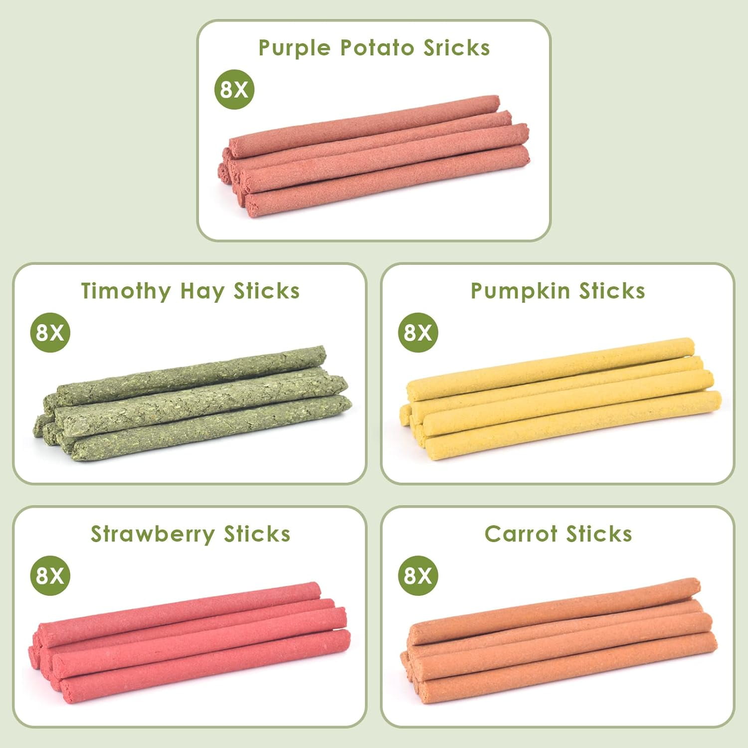 40Pcs Rabbit Timothy Hay Sticks, Five Flavors：PurplePotato/TimothyHay/Pumpkin/Strawberry/Carrot，Suitable Guinea Pig, Hamste, Gerbil, Chinchilla Treats, Chew Toys for Teeth for Bunnies