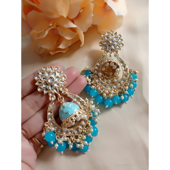 Gold-Plated Kundan Jhumka Earrings with Turquoise Blue Beads – Traditional Indian Ethnic Jewelry