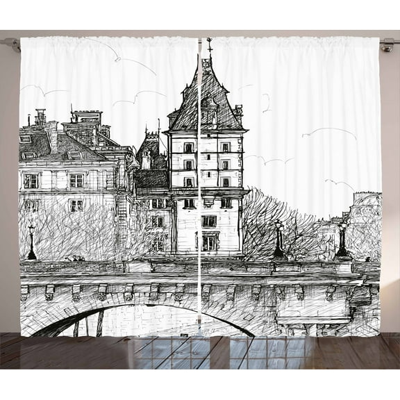 Ambesonne Paris Curtains 2 Panel Set, View from Pont Neuf, 108" x 84", Black and White