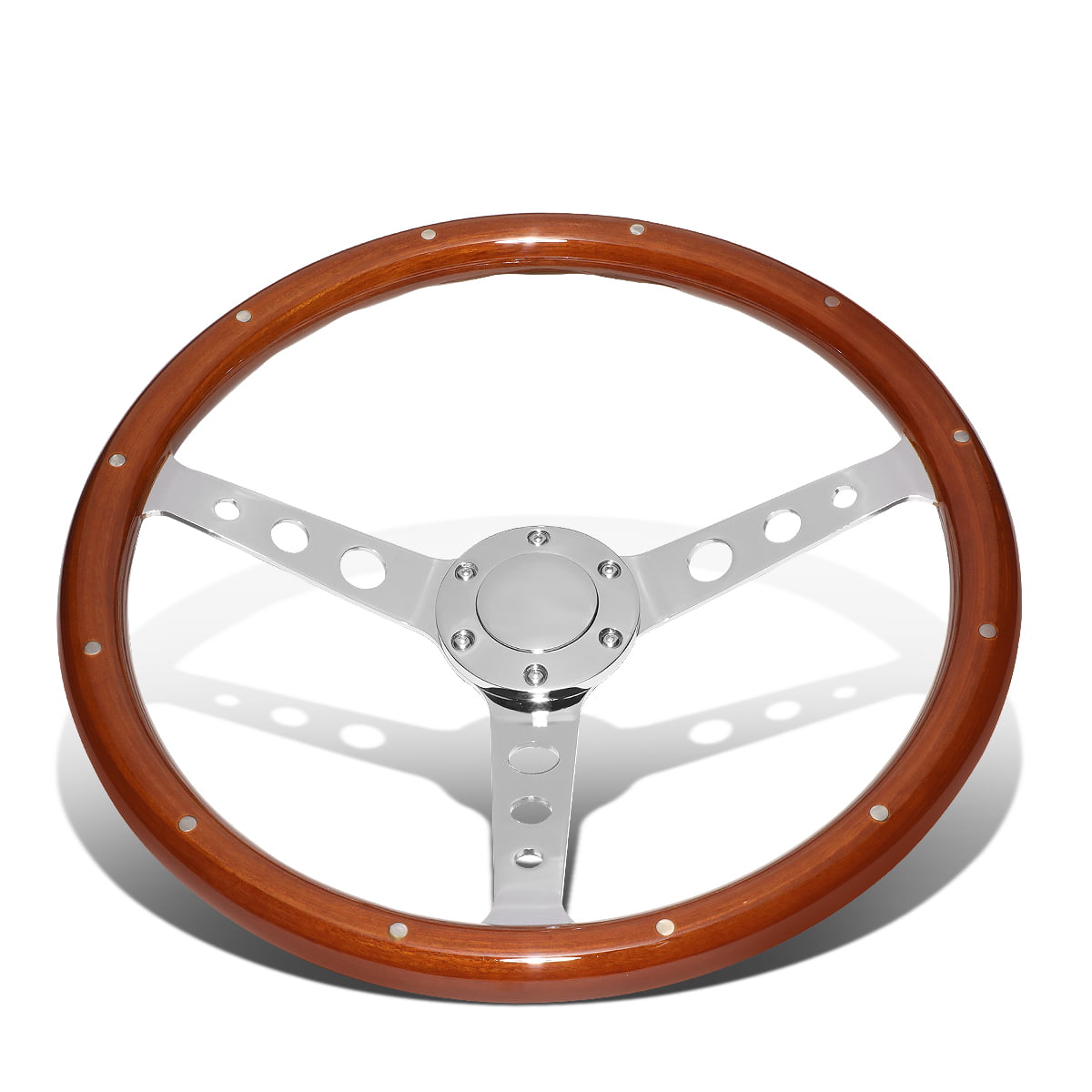 15 Inches Black Wood Grain Grip Vintage Steering Wheel 2 Inches Deep Dish Stainless Steel Spokes w/Horn Button 