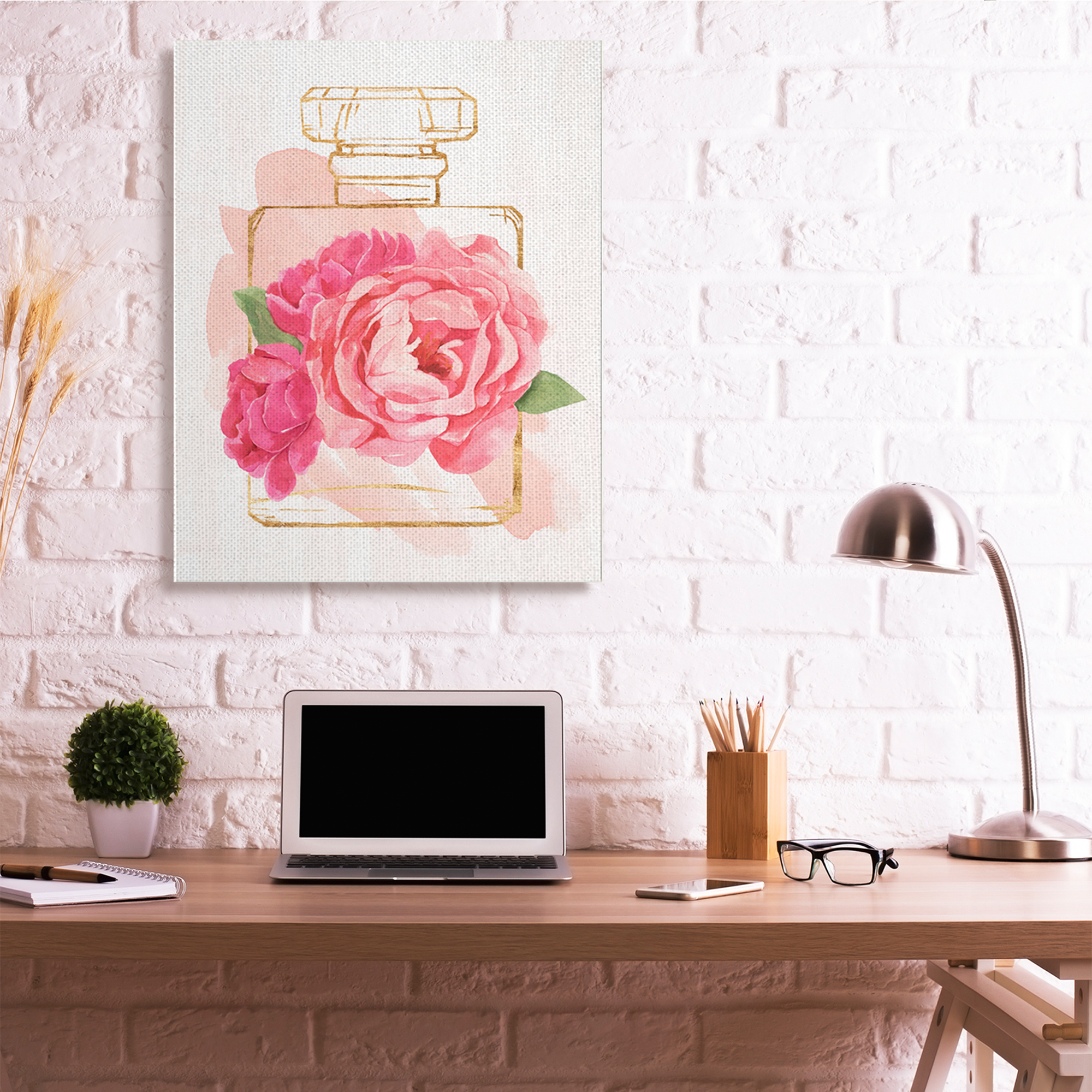 Stupell Industries Golden Perfume Bottle Glam Pink Floral Bloom Canvas Wall Art, 36 x 48, Design by Annie Warren