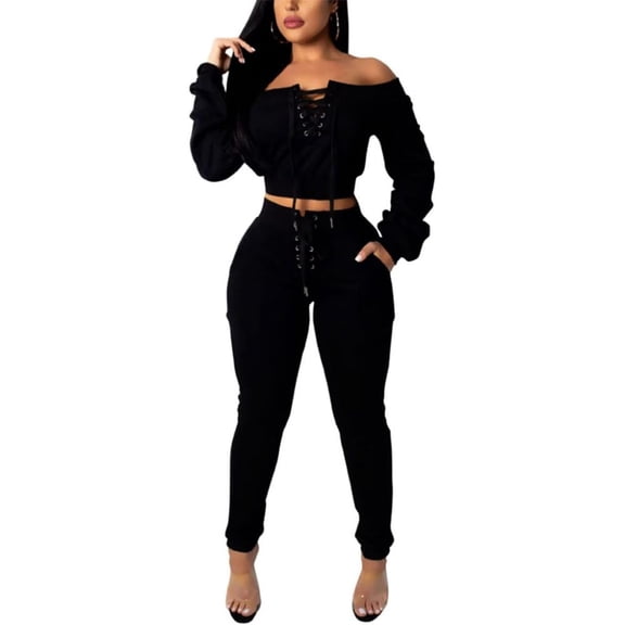 2 Piece Outfits for Women Off Shoulder Lace Up Long Sleeve Crop Top Pants Sets Tracksuit Casual Sweatsuit