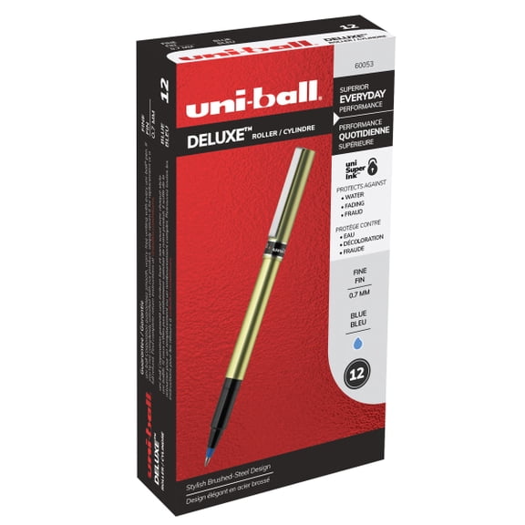 uni-ball® Deluxe Rollerball Pens, Fine Point, 0.7 mm, Gold Barrel, Blue Ink, Pack Of 12