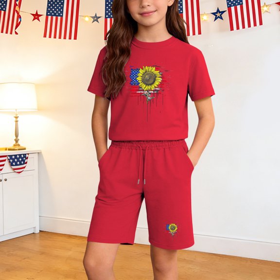Amidoa Girls 2 Piece Outfits Summer Clothes Short Sleeve Cotton Floral Print T-Shirt and Shorts Casual Kids Clothing Sets Red Size 5T