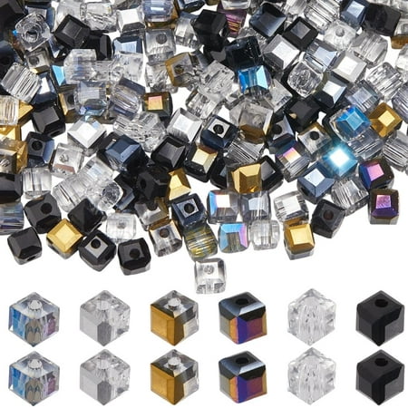 1 Box 300pcs 6 Colors 4mm Faceted Cube Beads Glass Cube Beads Black Transparent Electroplating Color Loose Square Spacers for Jewelry Making Supplies DIY Craft Necklace Bracelet Multi-color