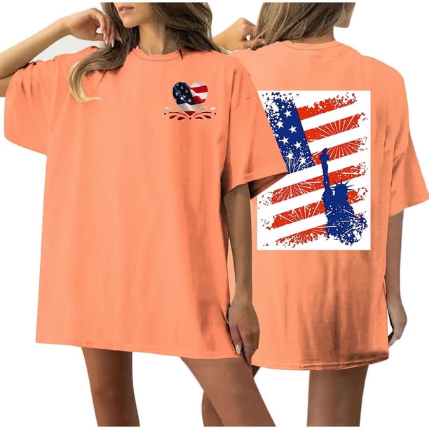 Camiseta de Cuello Redondo Impresa Delantera Y Trasera Del Día de la Independencia de las Mujeres, Tops Cortos Casuales para las Mujeres