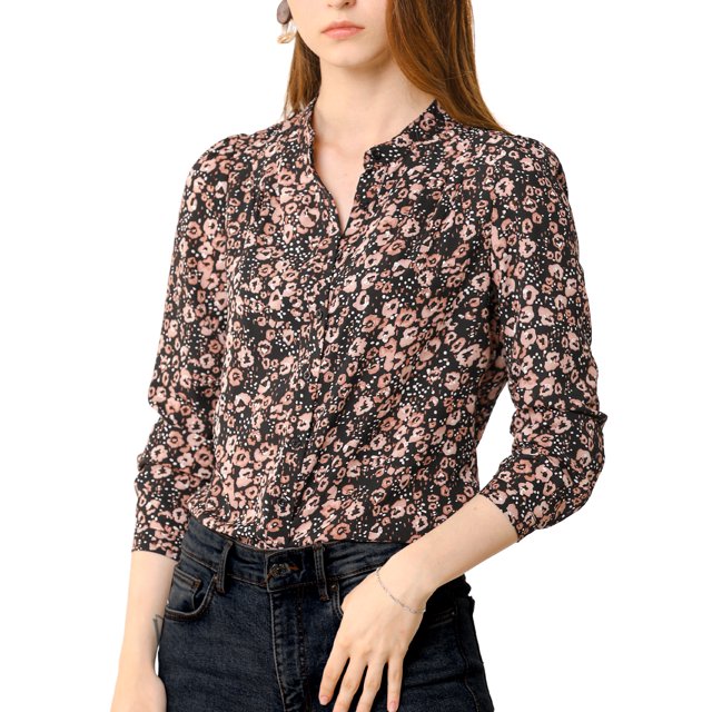 Blusa de gasa floral Unique Bargains Negro rosa Talla M