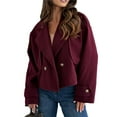 thumbnail image 2 of Women Crop Double Breasted Pea Coat Work Office Cropped Jacket with Pockets Wine Red L, 2 of 8