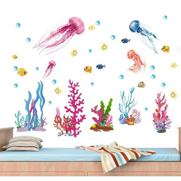 Under The Sea Wall Decals Ocean Room Decor, Coral Reef Seaweed Jellyfish Fish DIY Removable Wall Stickers, Sea Life Stickers Wallpaper for Kids Baby Nursery Bedroom Playroom Bathroom Living Room
