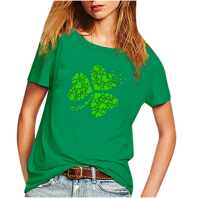 Pompotops T-Shirt à Manches Courtes Décontracté pour Femme, Vert, à Imprimé