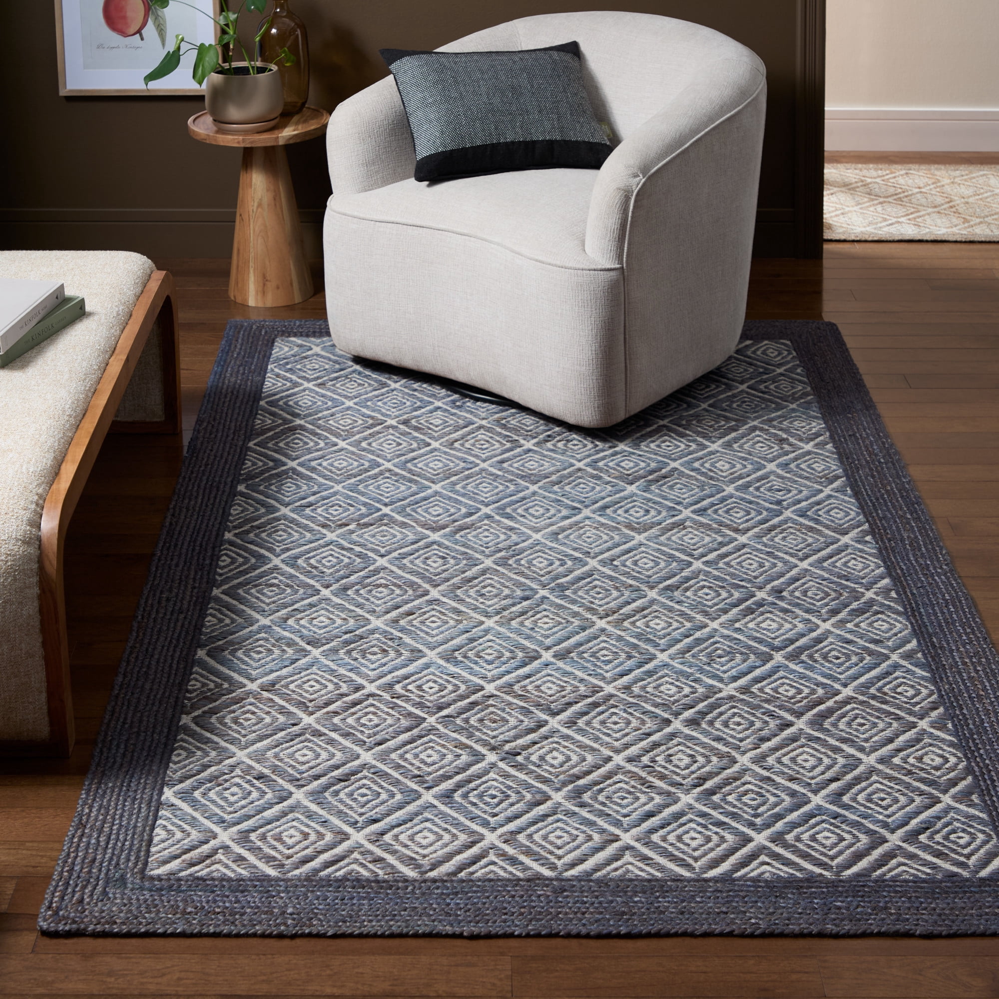 TOWN & COUNTRY TERRA Nalani Textured Diamond Hand-Knotted Flatwoven 100% Natural Jute Area Rug, Midnight Blue, 3'x5'