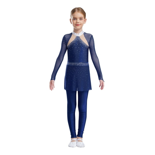 dPois Combinaison de Danse Intégrale pour Filles avec Strass Manches Longues Patinage Combinaison Extensible Bleu Marine 14
