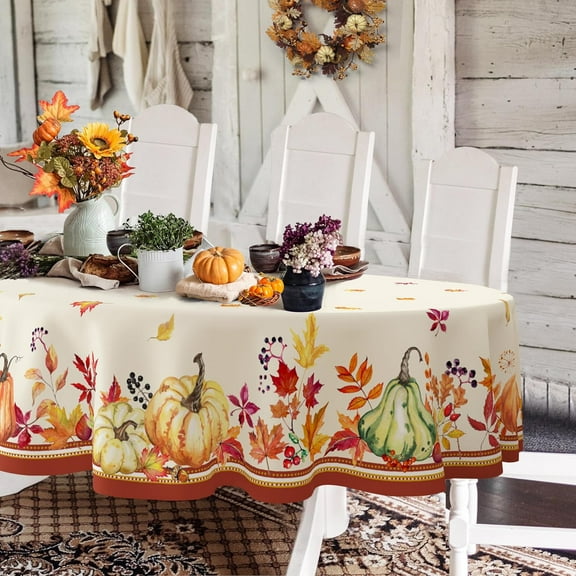 Oval Fall Tablecloth,Thanksgiving Autumn Harvest Pumpkin Maple Leaf Table cloth,Polyester Waterproof Wrinkle Resistant Durable Orange Tablecloth for Fall,Thanksgiving,Holiday,Home Decor 54x72in